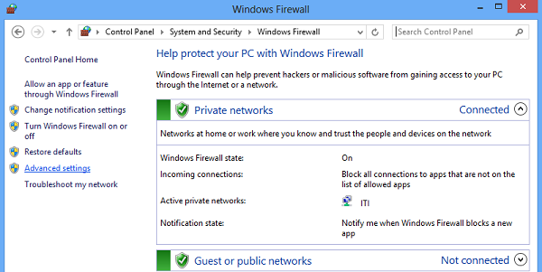 Windows Firewall advanced settings
